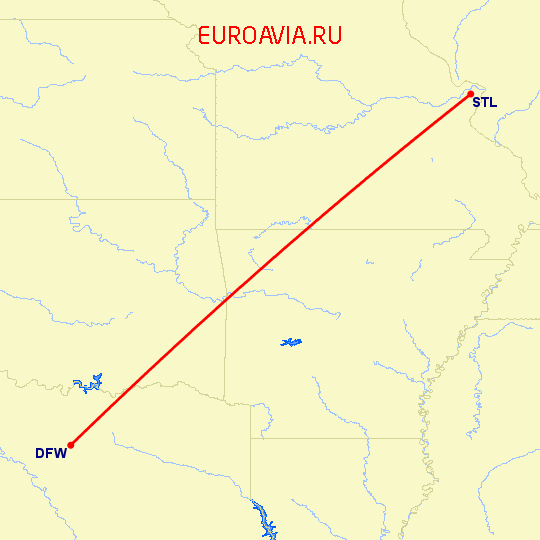 перелет Даллас — Сент Луис на карте