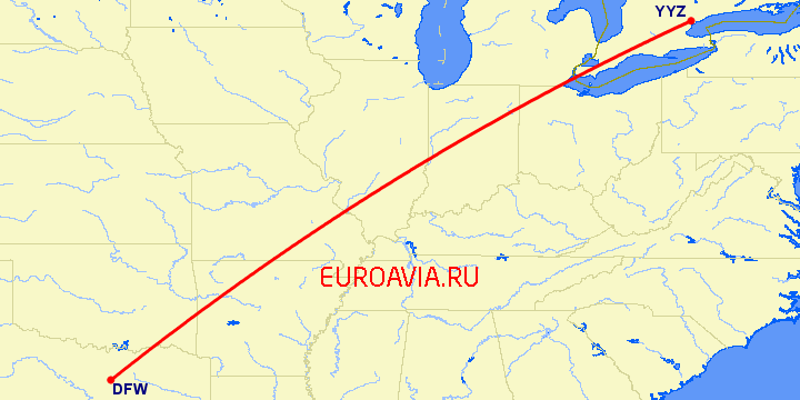 перелет Даллас — Торонто на карте