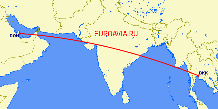 перелет Доха — Бангкок на карте