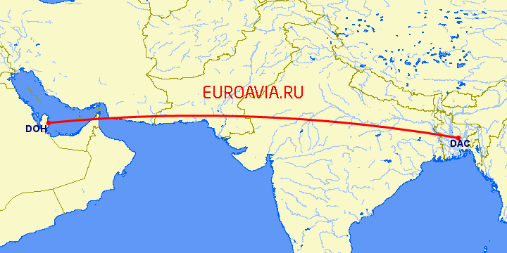 перелет Доха — Dhaka на карте