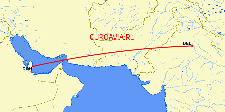 перелет Доха — Нью Дели на карте
