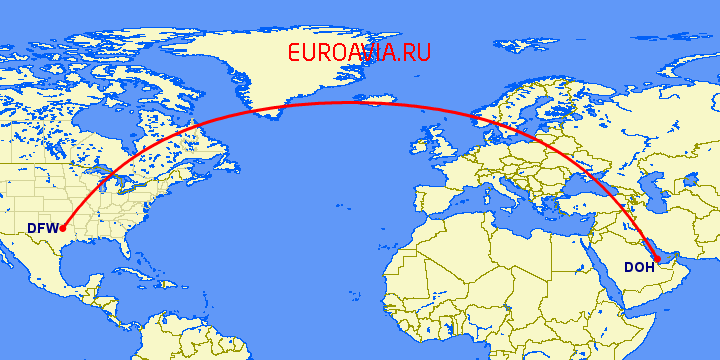 перелет Доха — Даллас на карте