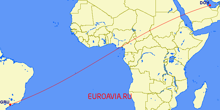 перелет Доха — Сан Паулу на карте