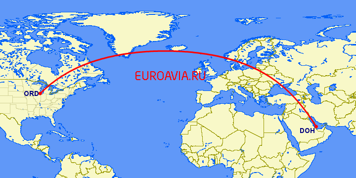 перелет Доха — Чикаго на карте