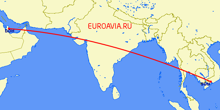 перелет Доха — Хошимин на карте