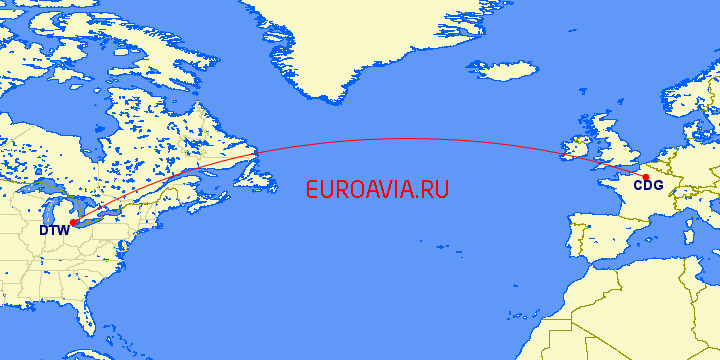 перелет Детройт — Париж на карте