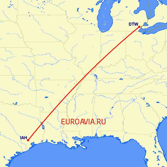 перелет Детройт — Хьюстон на карте