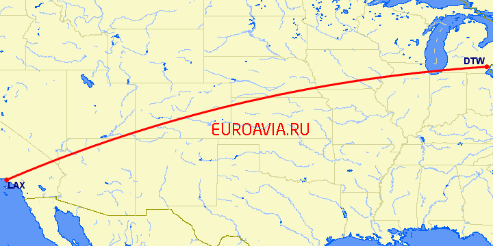 перелет Детройт — Лос Анджелес на карте