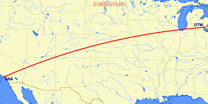 перелет Детройт — Санта Ана на карте