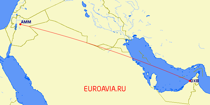 перелет Дубай — Амман на карте