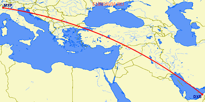 перелет Дубай — Милан на карте