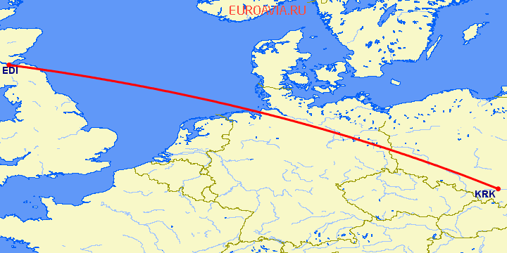 перелет Эдинбург — Краков на карте