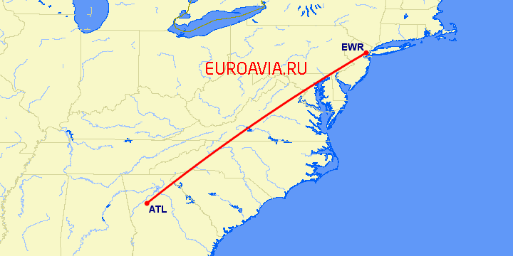 перелет Ньюарк — Атланта на карте