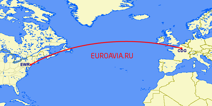 перелет Ньюарк — Париж на карте