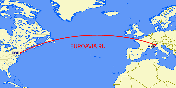 перелет Ньюарк — Милан на карте