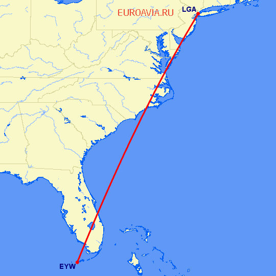 перелет Ки Уэст — Нью Йорк на карте