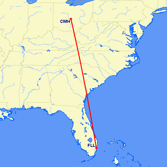 перелет Форт Лодердейл — Колумбус на карте