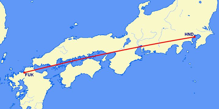 перелет Фукуока — Токио на карте