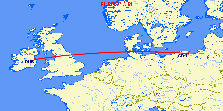 перелет Гданьск — Дублин на карте