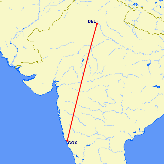 перелет Северное ГОА — Нью Дели на карте