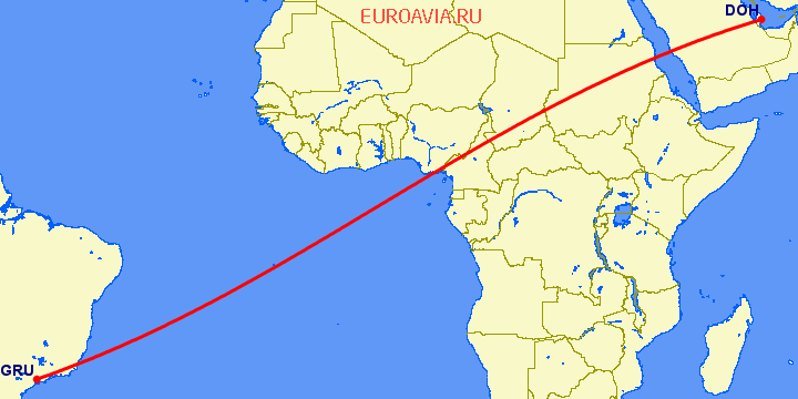перелет Сан Паулу — Доха на карте