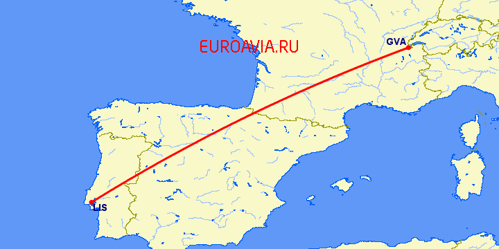 перелет Женева — Лиссабон на карте