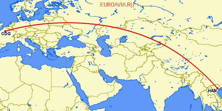 перелет Ханой — Париж на карте
