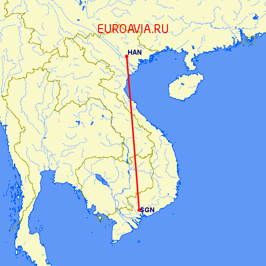 перелет Ханой — Хошимин на карте