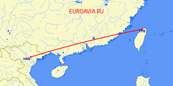 перелет Ханой — Тайбэй на карте