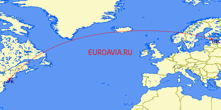 перелет Хельсинки — Нью Йорк на карте