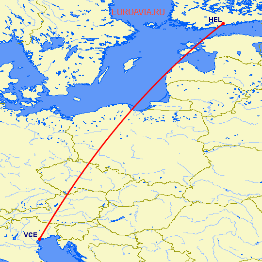 перелет Хельсинки — Венеция на карте