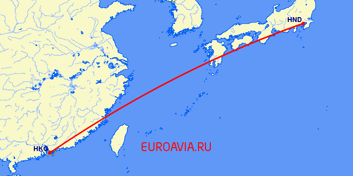 перелет Гонконг — Токио на карте