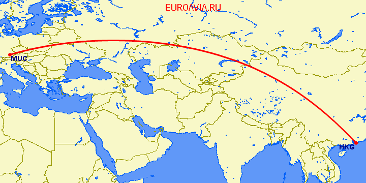 перелет Гонконг — Мюнхен на карте