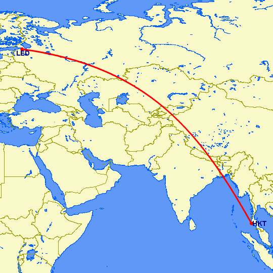 перелет Пхукет — Санкт Петербург на карте