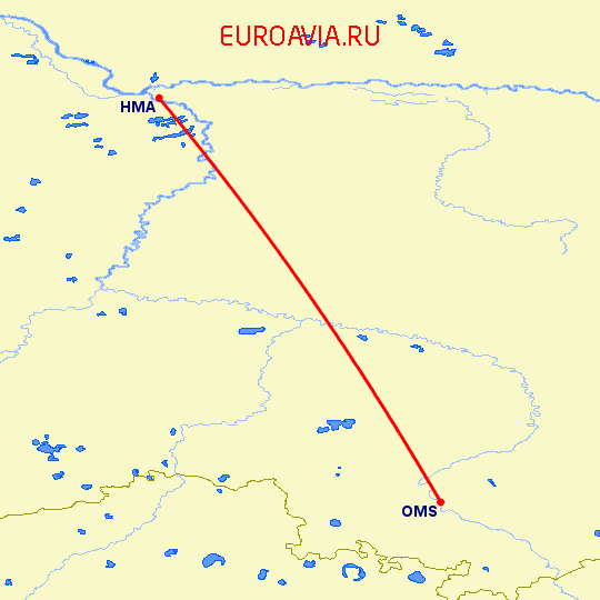 перелет Ханты Мансийск — Омск на карте