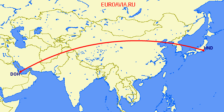 перелет Токио — Доха на карте