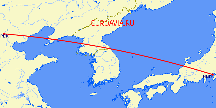 перелет Токио — Пекин на карте