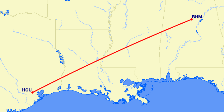 перелет Хьюстон — Бирмингем на карте