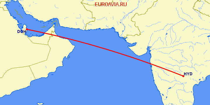 перелет Хидерабад — Доха на карте