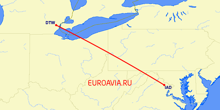перелет Вашингтон — Детройт на карте