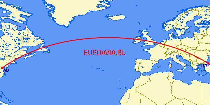 перелет Вашингтон — Стамбул на карте