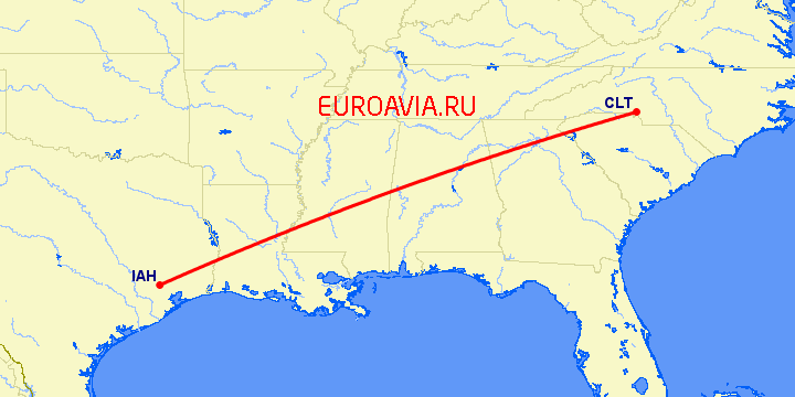 перелет Хьюстон — Шарлотт на карте