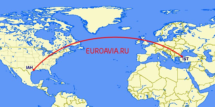 перелет Хьюстон — Стамбул на карте