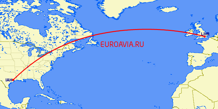 перелет Хьюстон — Лондон на карте