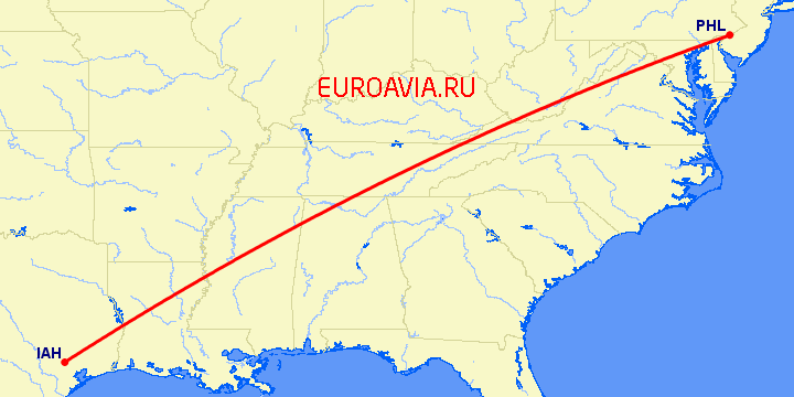 перелет Хьюстон — Филадельфия на карте