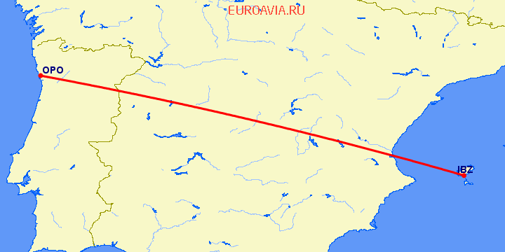 перелет Ибица — Порту на карте