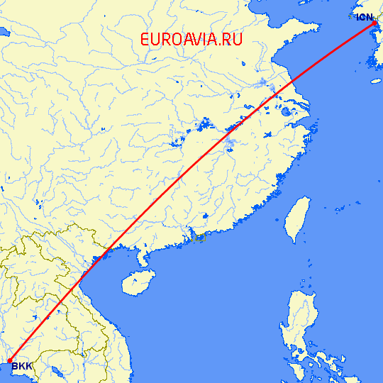 перелет Сеул — Бангкок на карте