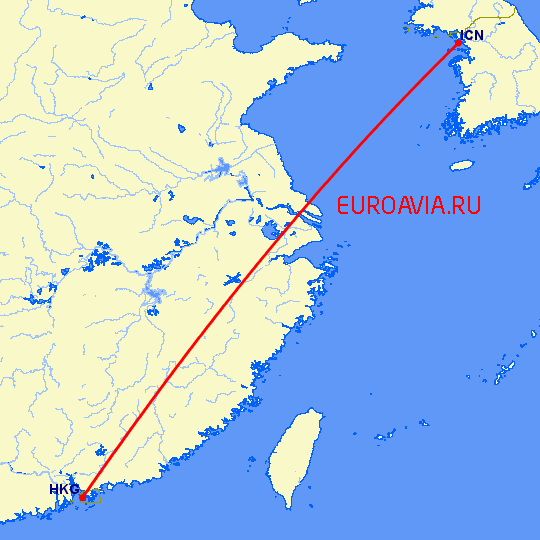 перелет Сеул — Гонконг на карте