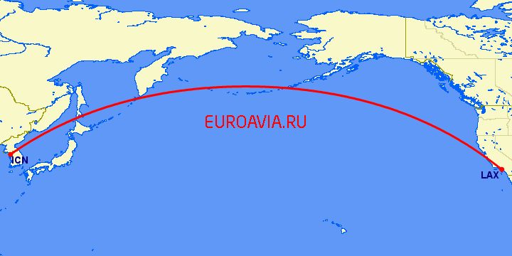 перелет Сеул — Лос Анджелес на карте