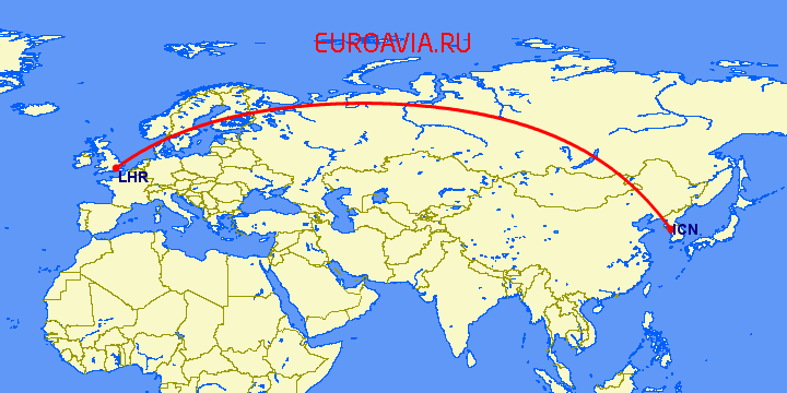 перелет Сеул — Лондон на карте